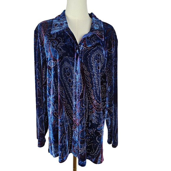 Serengeti Shirt 1X Velvet Paisley Long Sleeve Button-Up Blue Purple - Picture 1 of 8